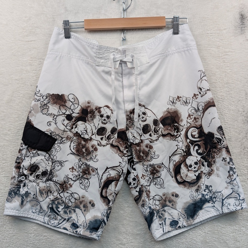 VTG Mossimo Board Shorts Men's 34 White 10.5" Skull Mesh Goth Surf Summer Y2K